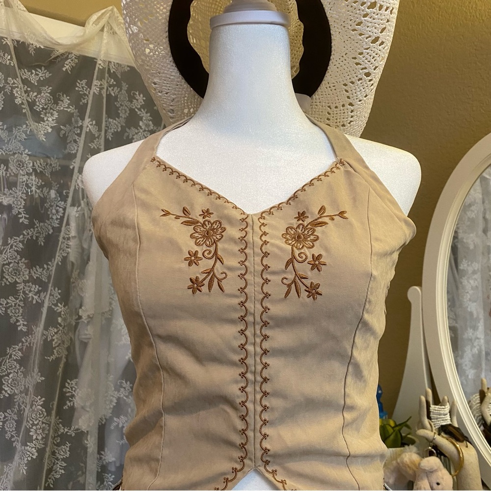 Embroidered Tan Halter Top
